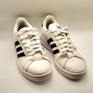 Adidas Women Grand Court Size 7.  White Sneakers with Black Stripes